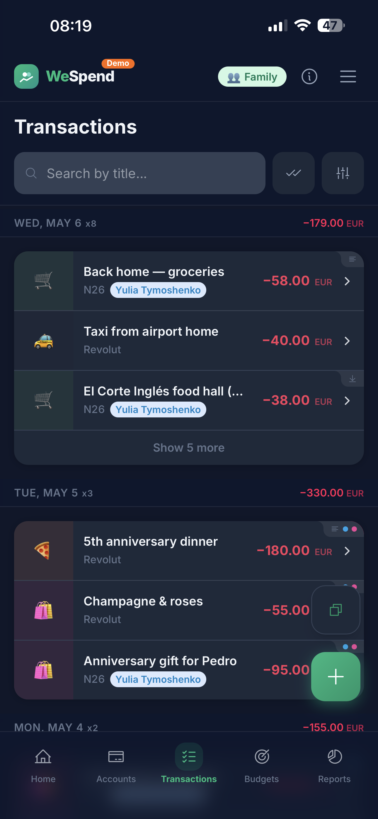 Transactions list